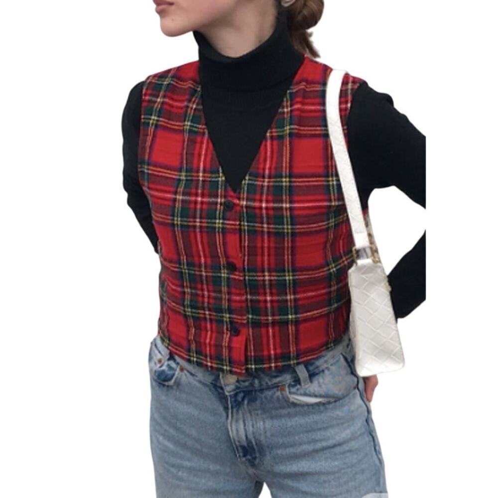 Rafaella Petites Wool Blend Plaid Button Vest Tartan Sweater Knit M Red Navy